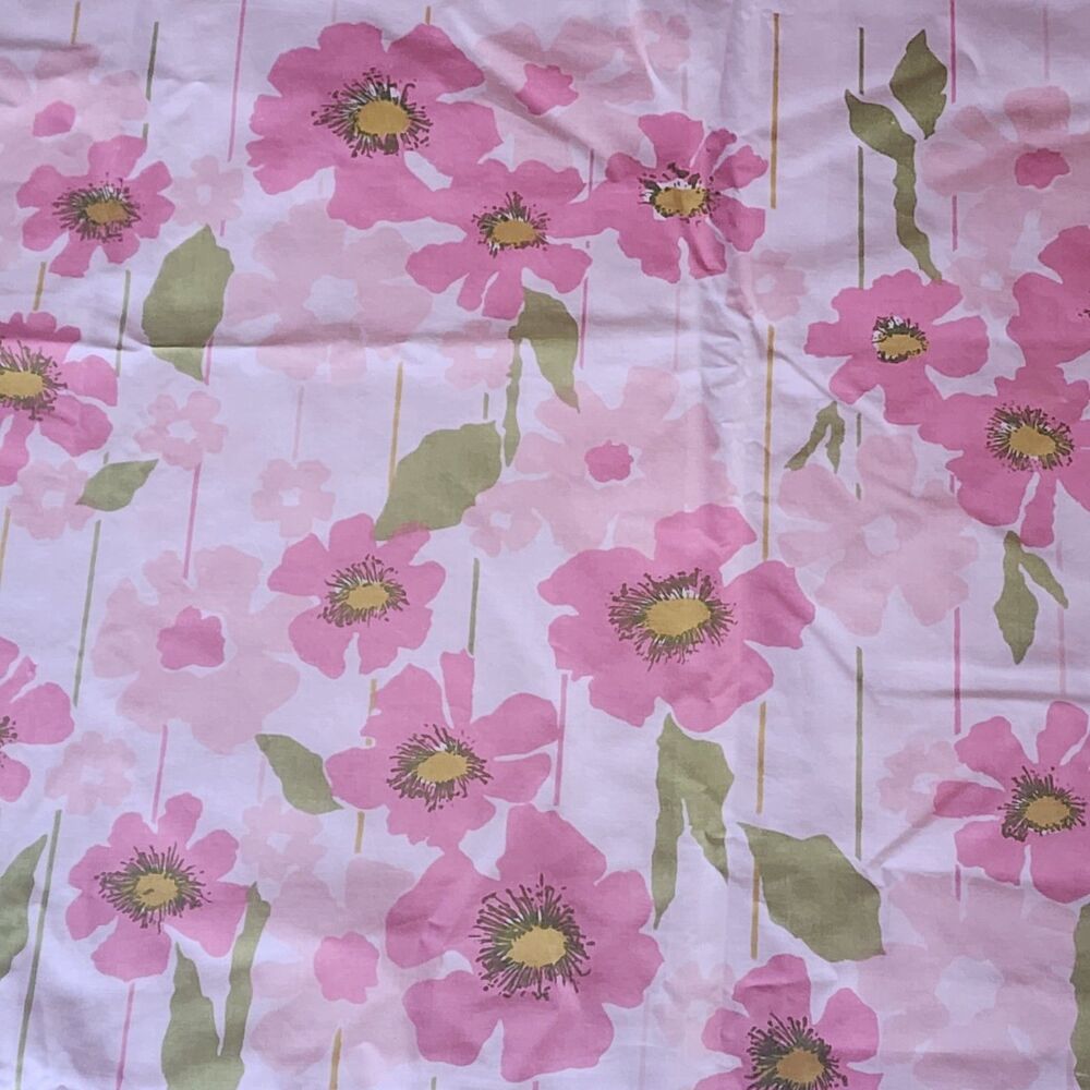 Vtg 1970s Sears Perma-Prest FULL FLAT SHEET Pink Floral Daisies Percale...